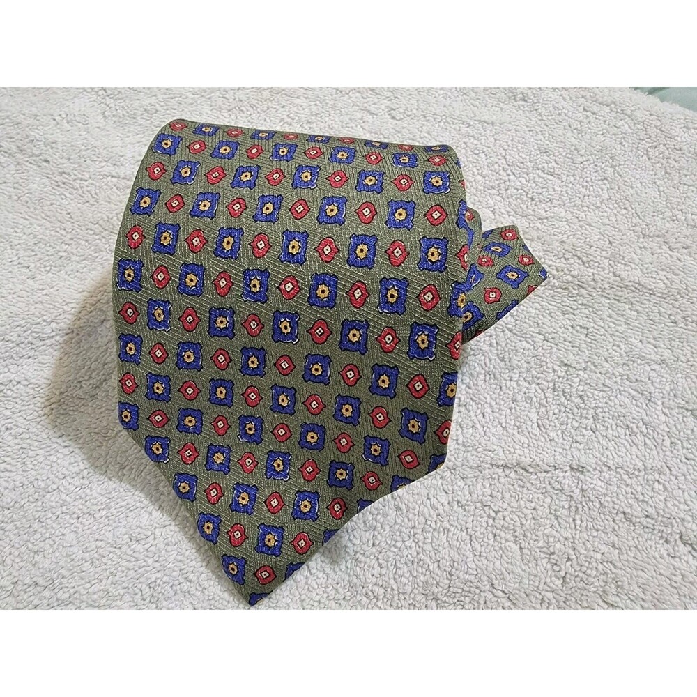 VTG 90s‎ Polo Ralph Lauren green foulard geometric 100% silk hand made tie USA